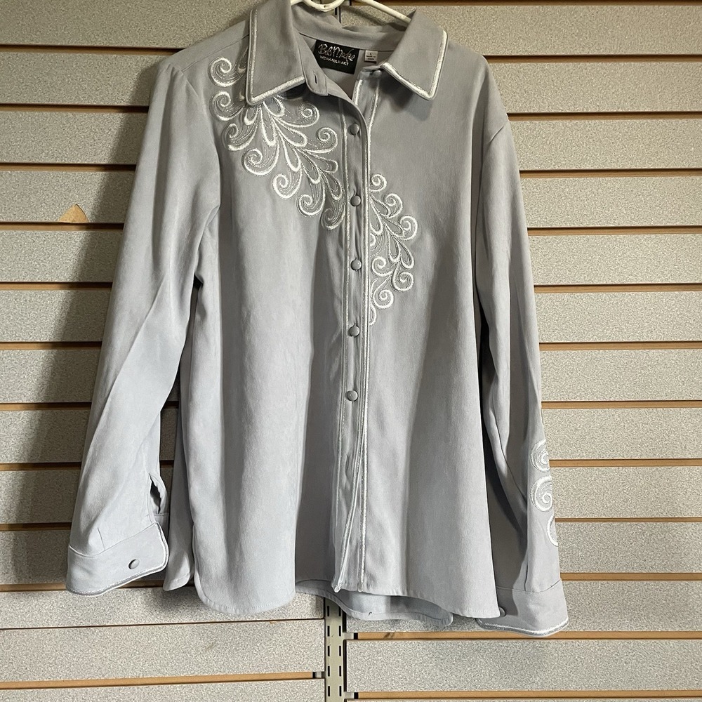 Bob Mackie Art Nouveau Embroidered Button Down Shirt Gray Long Sleeve L Vintage
